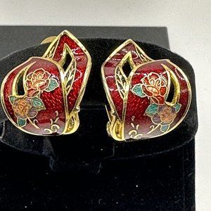 Vintage Cloisonné Estate Earrings Clip On Flower Gold Tone Wrap Around